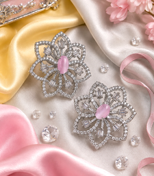 Rhodium finish pink floral earrings