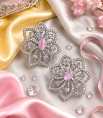 Rhodium finish pink floral earrings