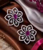 Rhodium finish ruby floral earrings