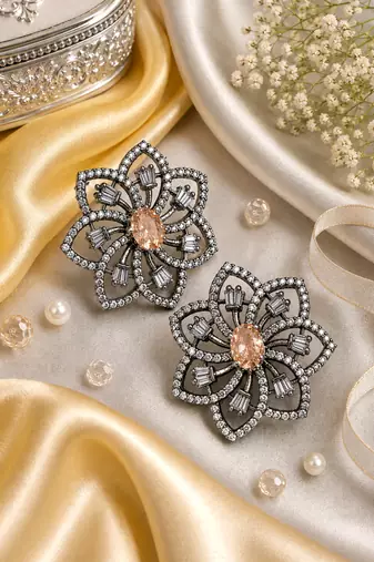 Black Silver Finish Champagne Floral Earrings
