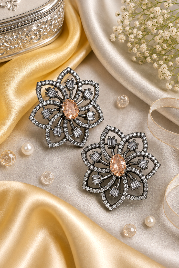 Black Silver Finish Champagne Floral Earrings