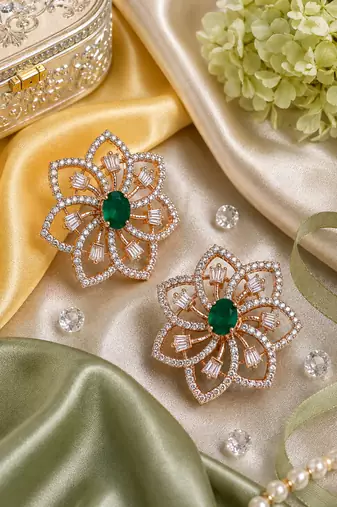 Rose gold finish emerald floral earrings