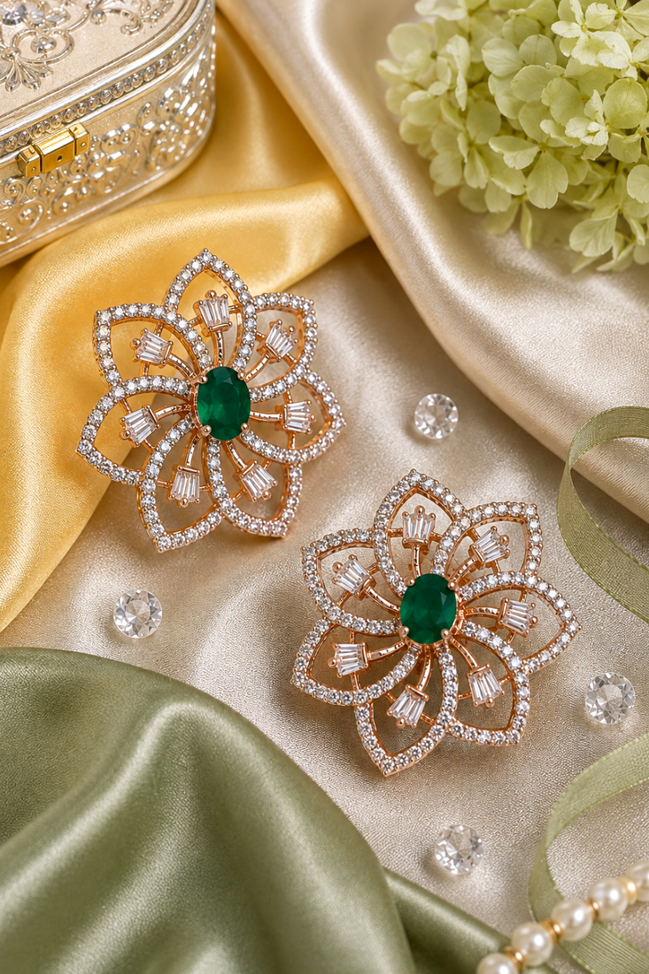 Rose gold finish emerald floral earrings