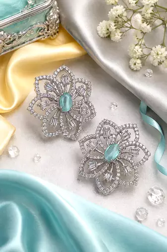 Rhodium finish mint floral earrings