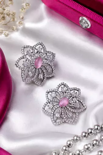 Rhodium finish pink floral earrings