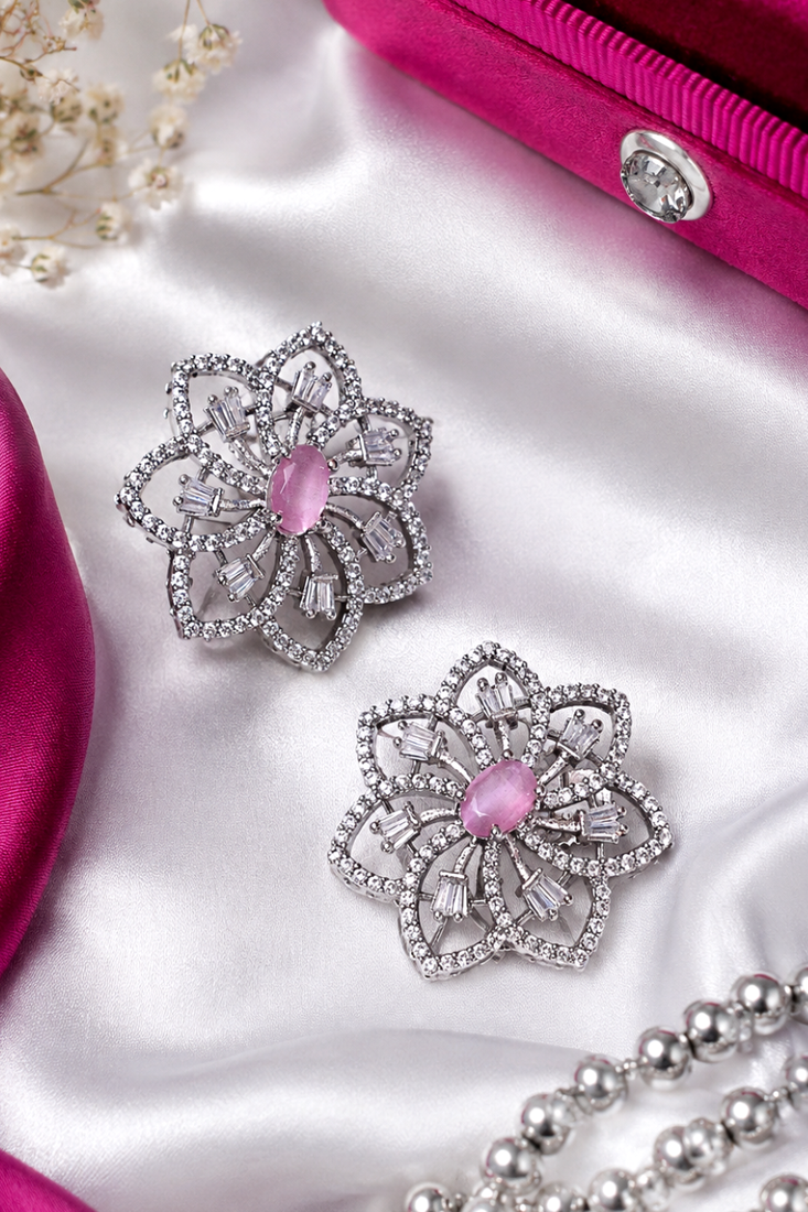 Rhodium finish pink floral earrings