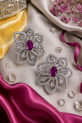 Rhodium finish ruby floral earrings 2