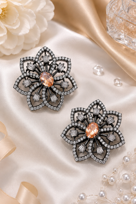 Black Silver Finish Champagne Floral Earrings 3