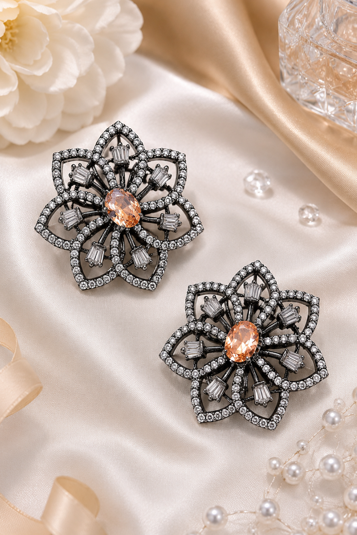 Black Silver Finish Champagne Floral Earrings