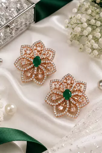 Rose gold finish emerald floral earrings