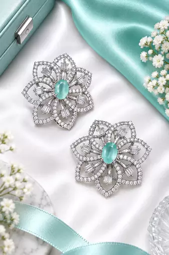 Rhodium finish mint floral earrings