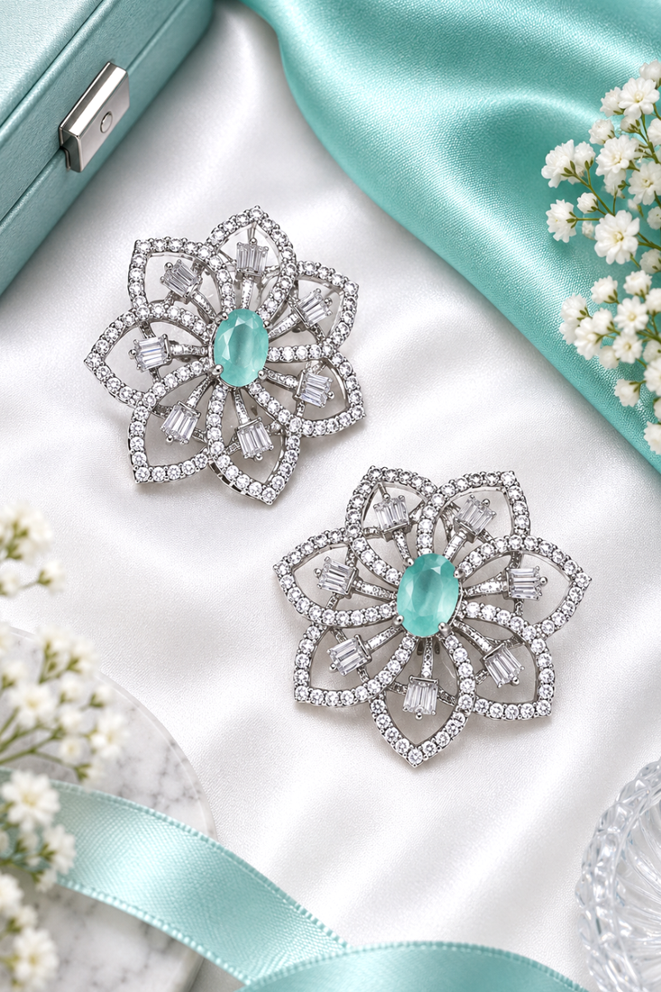 Rhodium finish mint floral earrings