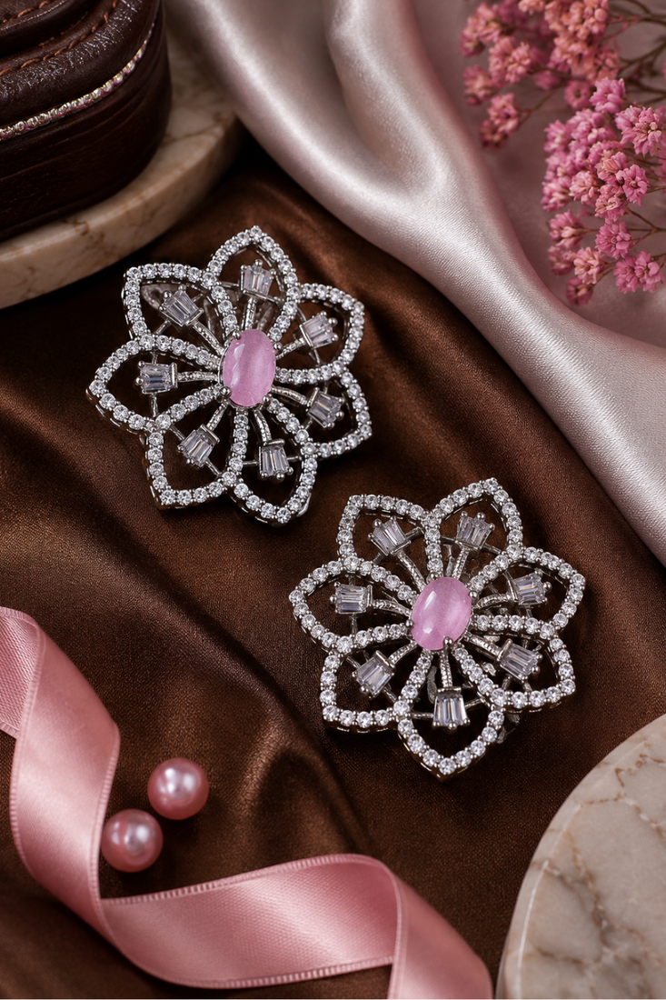 Rhodium finish pink floral earrings