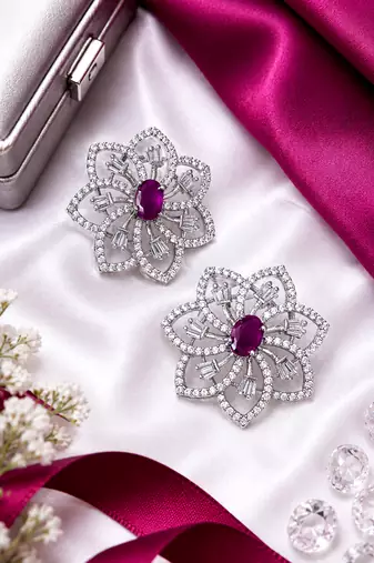 Rhodium finish ruby floral earrings