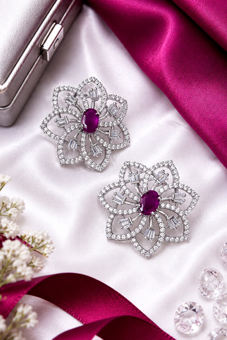 Rhodium finish ruby floral earrings