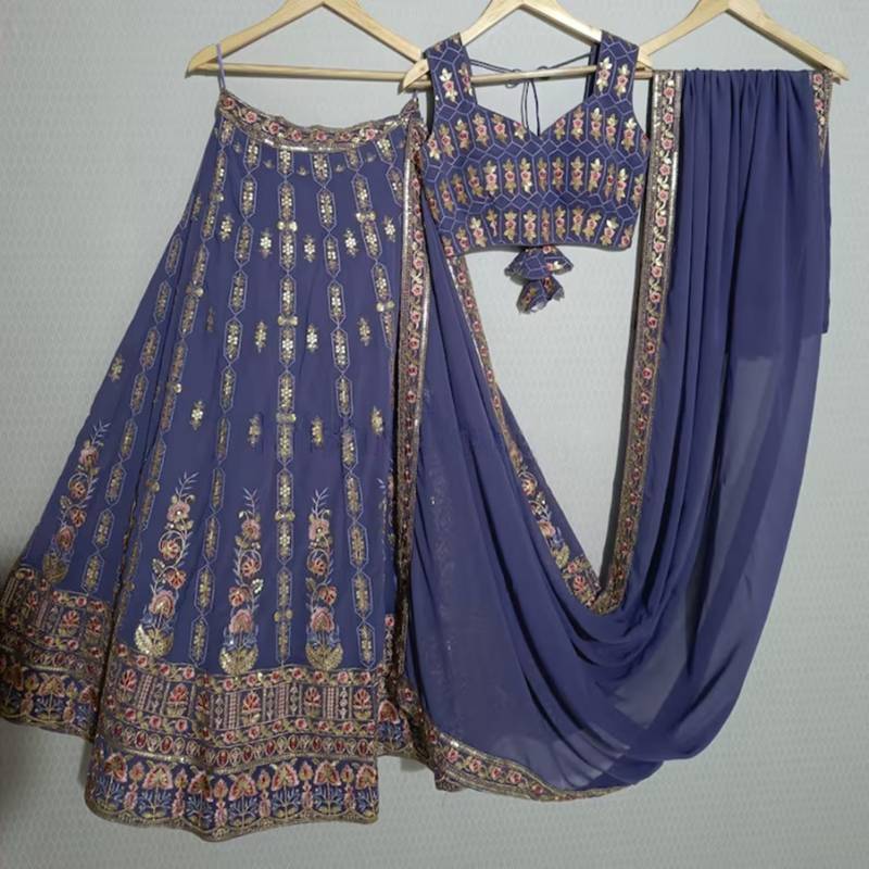 lavender floral zari thread embroidered lehenga set