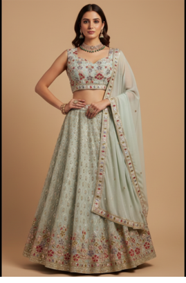 mint white floral embroidered lehenga with dupatta 6