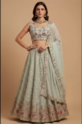 mint white floral embroidered lehenga with dupatta