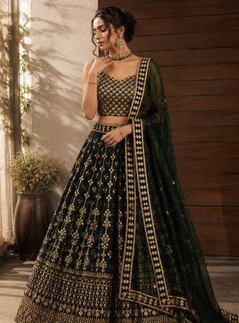 DARK GREEN SEQUin EMBROIDERed GEORGETTE LEHENGA WITH BLOUSE
