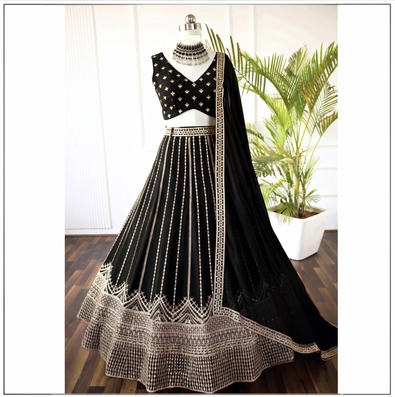 Black Sequin Embroidery Georgette Lehenga set with choli and dupatta