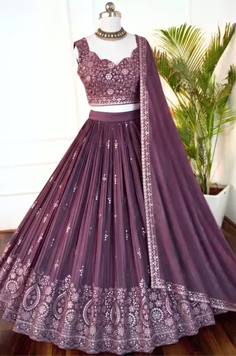 wine embroidered lehenga choli set with dupatta