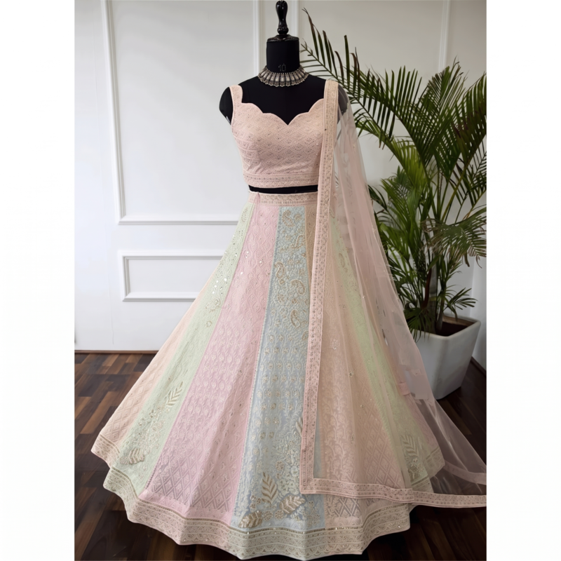 Multicolor Thread Sequin Georgette Lehenga set with choli and dupatta