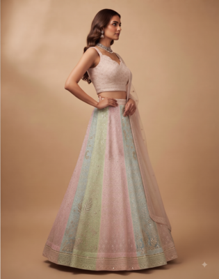 Multicolor Thread Sequin Georgette Lehenga set with choli and dupatta 10