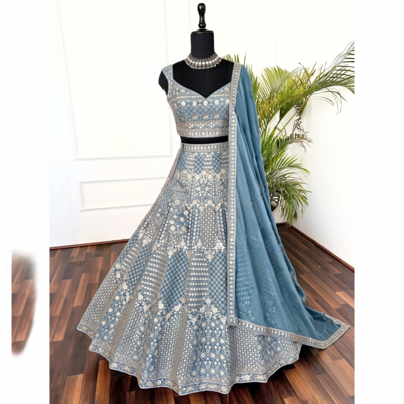 steel blue sequin embroidered lehenga choli set