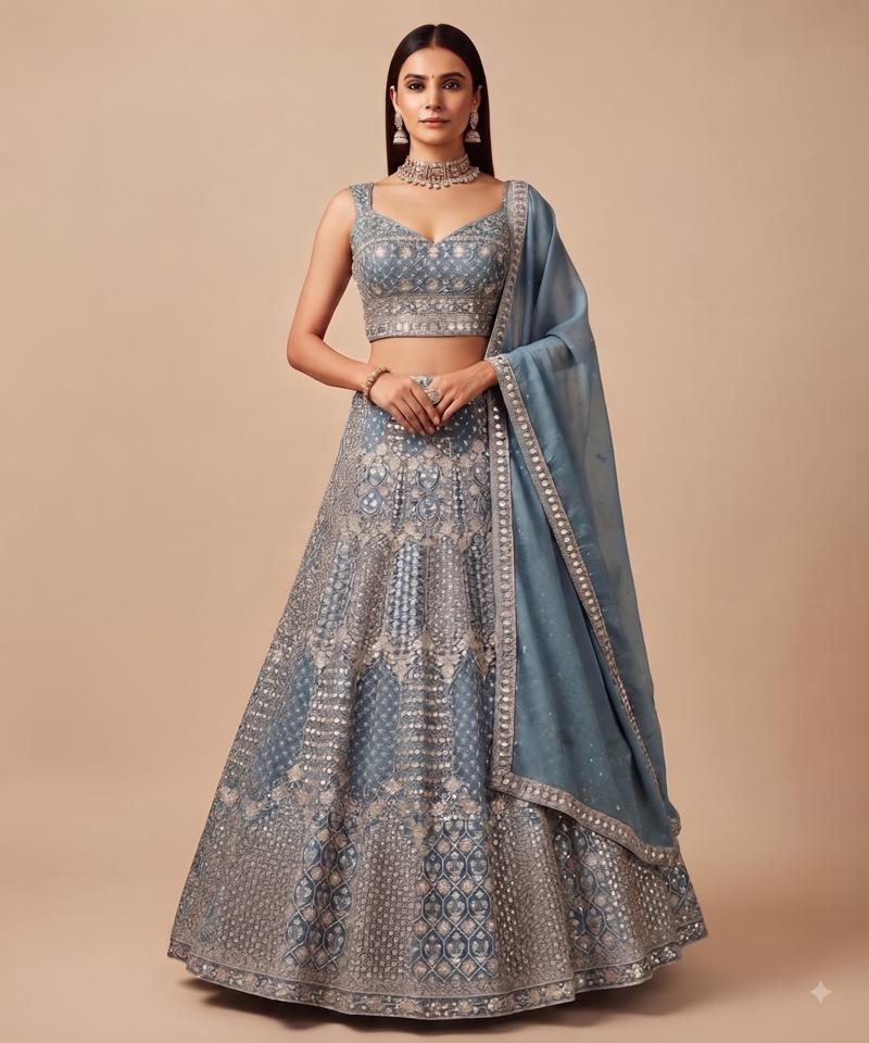 steel blue sequin embroidered lehenga choli set