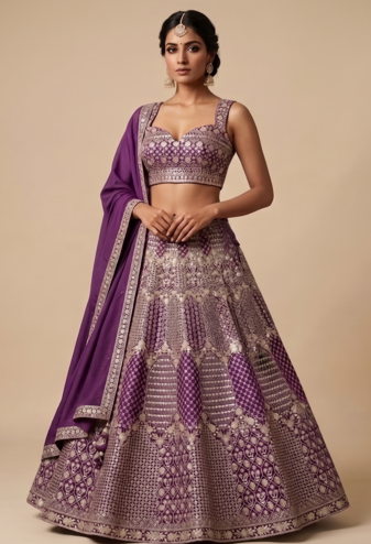 WINE EMBROIDERED GEORGETTE LEHENGA CHOLI WITH DUPATTA
