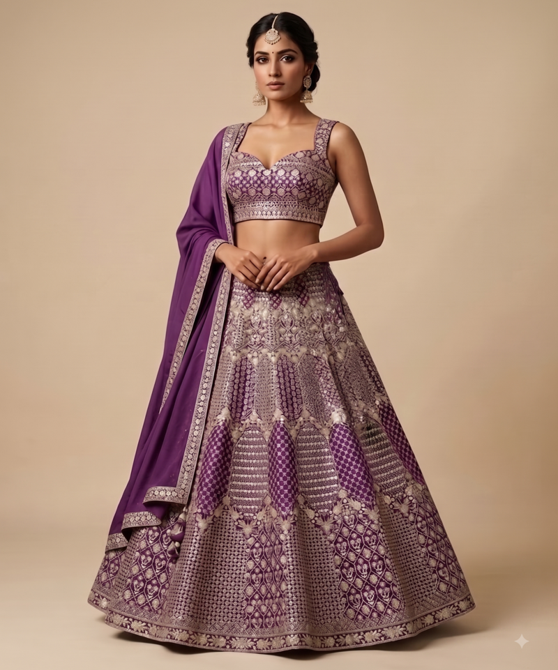 WINE EMBROIDERED GEORGETTE LEHENGA CHOLI WITH DUPATTA