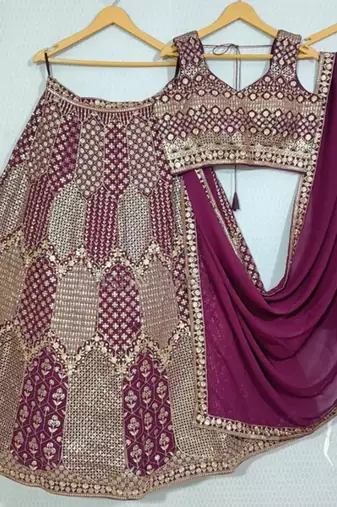 WINE EMBROIDERED GEORGETTE LEHENGA CHOLI WITH DUPATTA