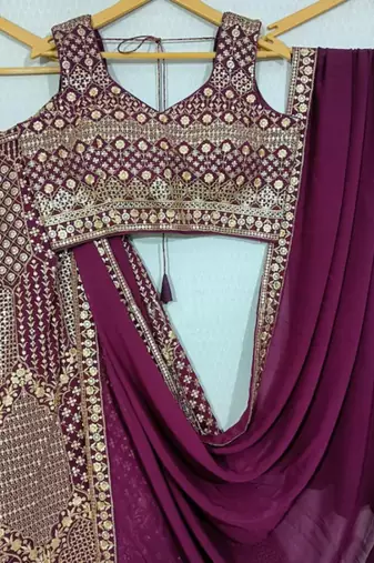 WINE EMBROIDERED GEORGETTE LEHENGA CHOLI WITH DUPATTA