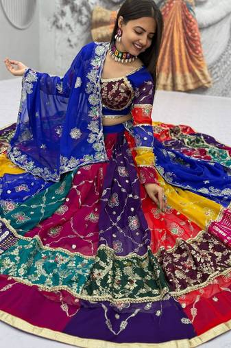 Multi Embroidery Thread sequin And real mirror work Faux Georgette Lehenga Choli Set