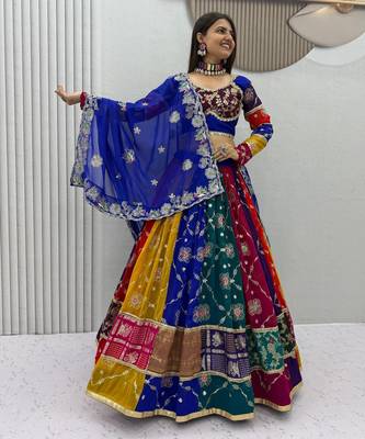Multi Embroidery Thread sequin And real mirror work Faux Georgette Lehenga Choli Set 3