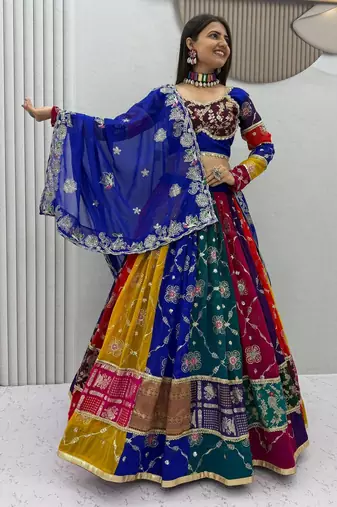 Multi Embroidery Thread sequin And real mirror work Faux Georgette Lehenga Choli Set