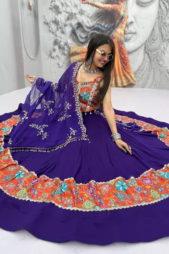 Purple Embroidery Thread sequin and Mirror Work Silk Blend Lehenga Choli Set