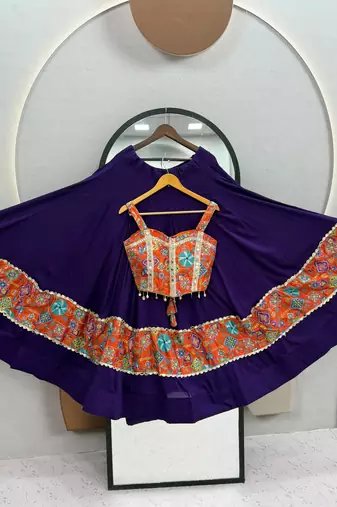 Purple Embroidery Thread sequin and Mirror Work Silk Blend Lehenga Choli Set
