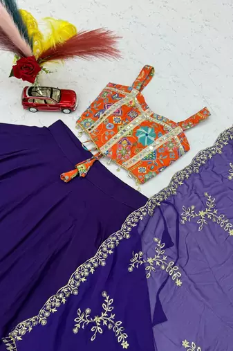 Purple Embroidery Thread sequin and Mirror Work Silk Blend Lehenga Choli Set
