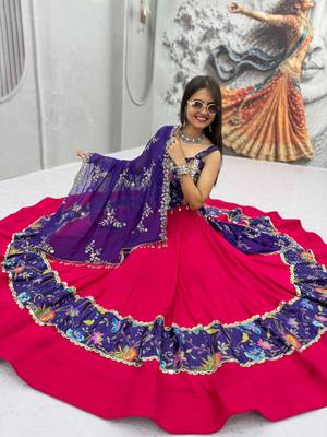 Rani Pink Embroidery Thread sequin and Mirror Work Silk Blend Lehenga Choli Set 1