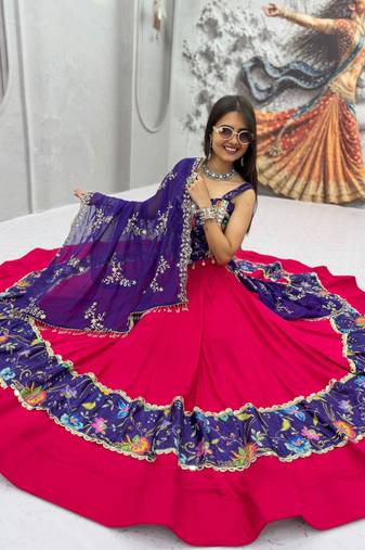 Rani Pink Embroidery Thread sequin and Mirror Work Silk Blend Lehenga Choli Set