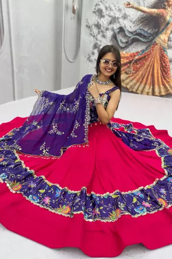 Rani Pink Embroidery Thread sequin and Mirror Work Silk Blend Lehenga Choli Set