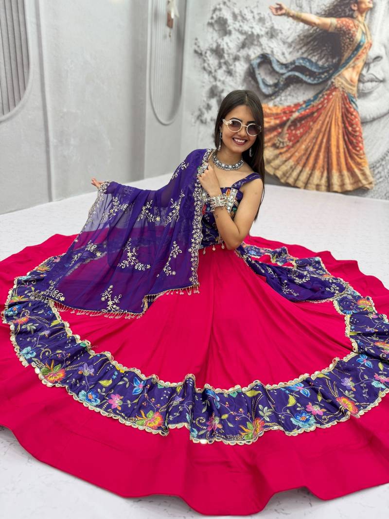 Rani Pink Embroidery Thread sequin and Mirror Work Silk Blend Lehenga Choli Set
