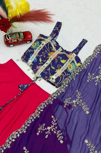Rani Pink Embroidery Thread sequin and Mirror Work Silk Blend Lehenga Choli Set