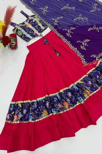 Rani Pink Embroidery Thread sequin and Mirror Work Silk Blend Lehenga Choli Set