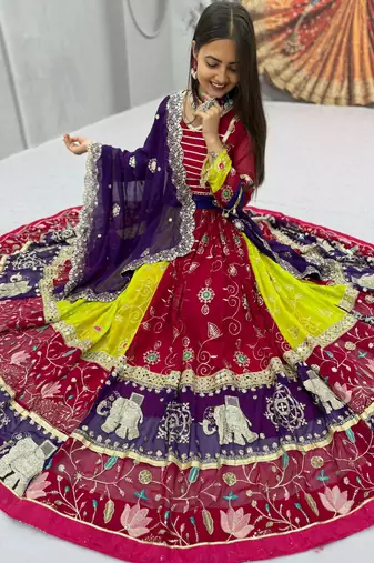 Multi Embroidery Thread sequin mirror work Fuax Georgette Lehenga Choli Set