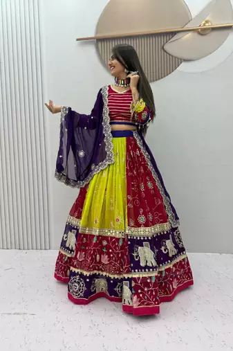 Multi Embroidery Thread sequin mirror work Fuax Georgette Lehenga Choli Set