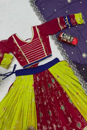 Multi Embroidery Thread sequin mirror work Fuax Georgette Lehenga Choli Set