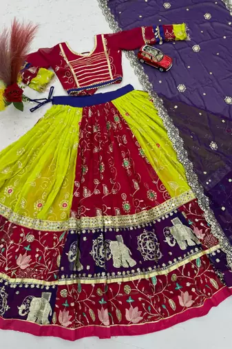 Multi Embroidery Thread sequin mirror work Fuax Georgette Lehenga Choli Set