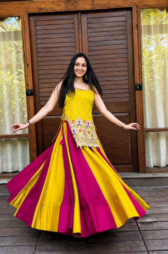 Women’s Chaniya Choli For Navratri - Designer Vichitra Silk Lehenga Choli With Shrug – Handwork Latkan